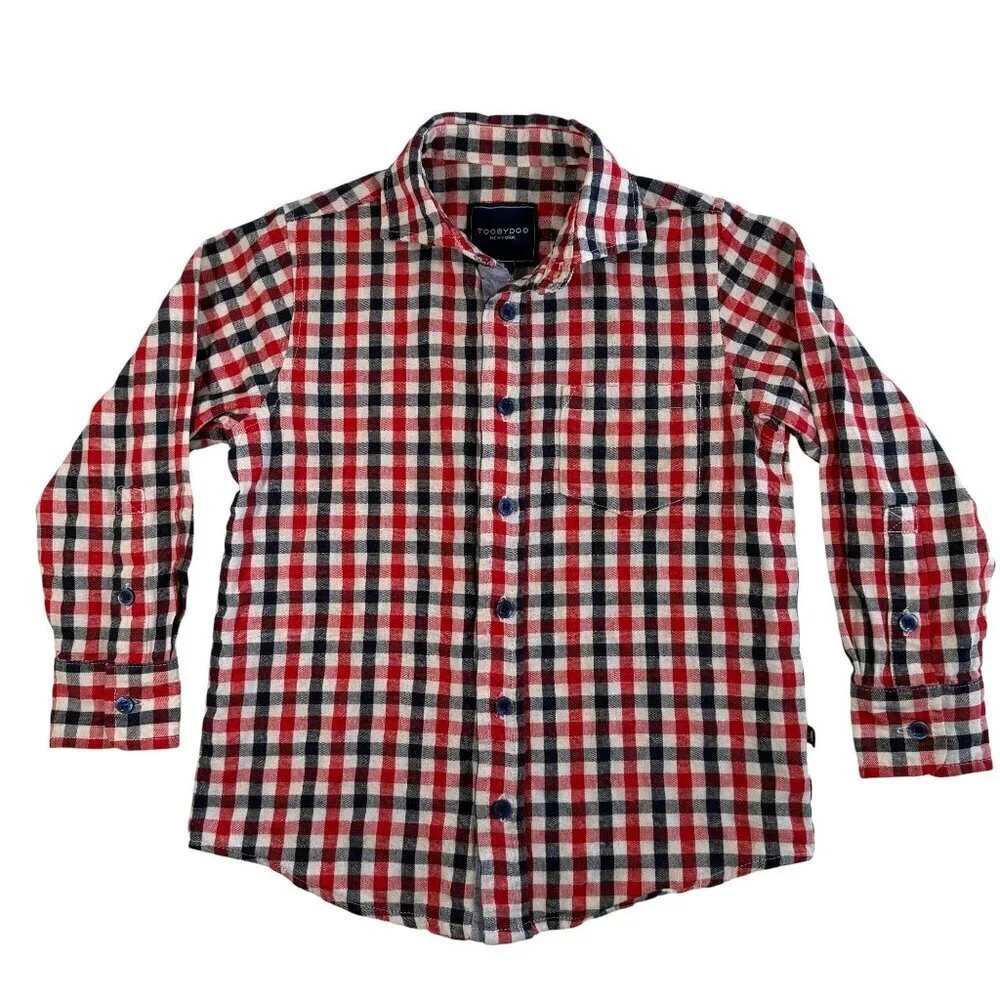 TOOBYDOO Cotton Plaid Button Down Red Blue Boys 5T